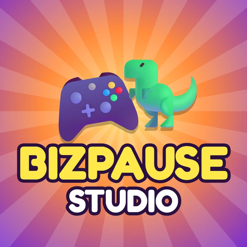 Logo de BizPause Studio: un control de videojuego morado y un dinosaurio verde